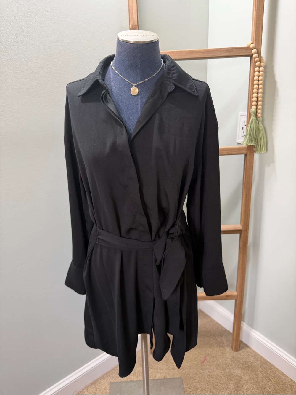 Zara Black Long Sleeve Tie Waist Collared Button Down Shirt Dress Size Medium